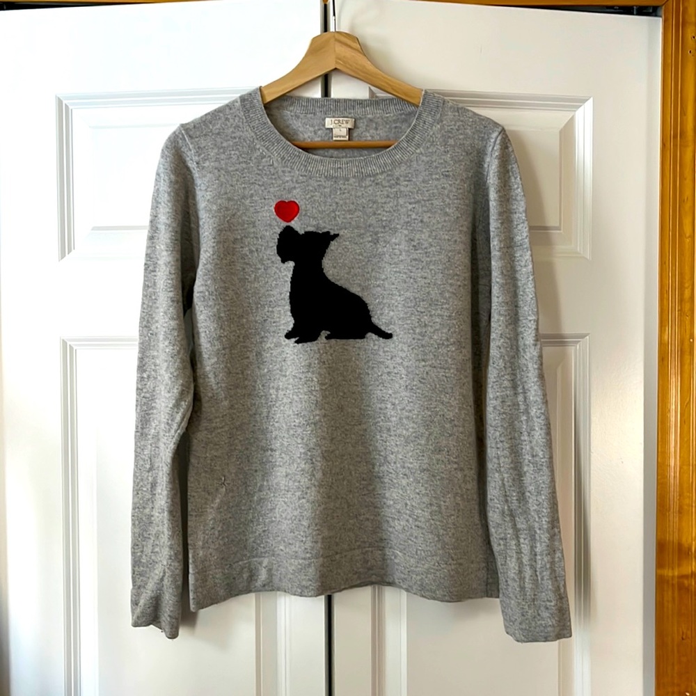 J Crew Wool Gray Sweater Heart Scottie Dog Size Large